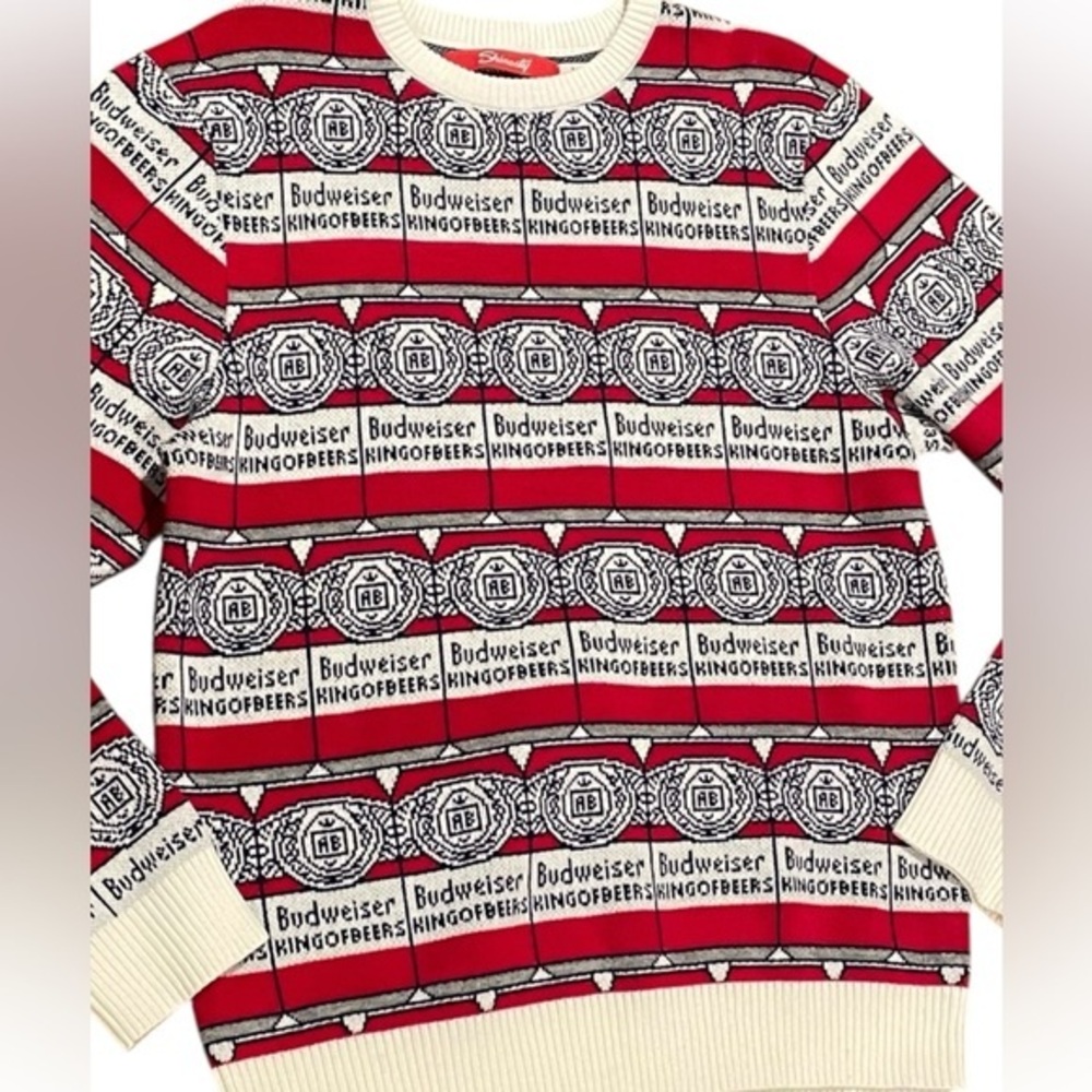 Mens Medium Budweiser Sweater Shinesty Shirt Adult Red White King Beers Holiday